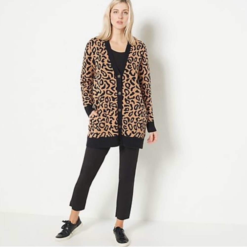 JASON WU Leopard Print Cardigan Sweater Size Med Pockets Heavy Shaket Animal